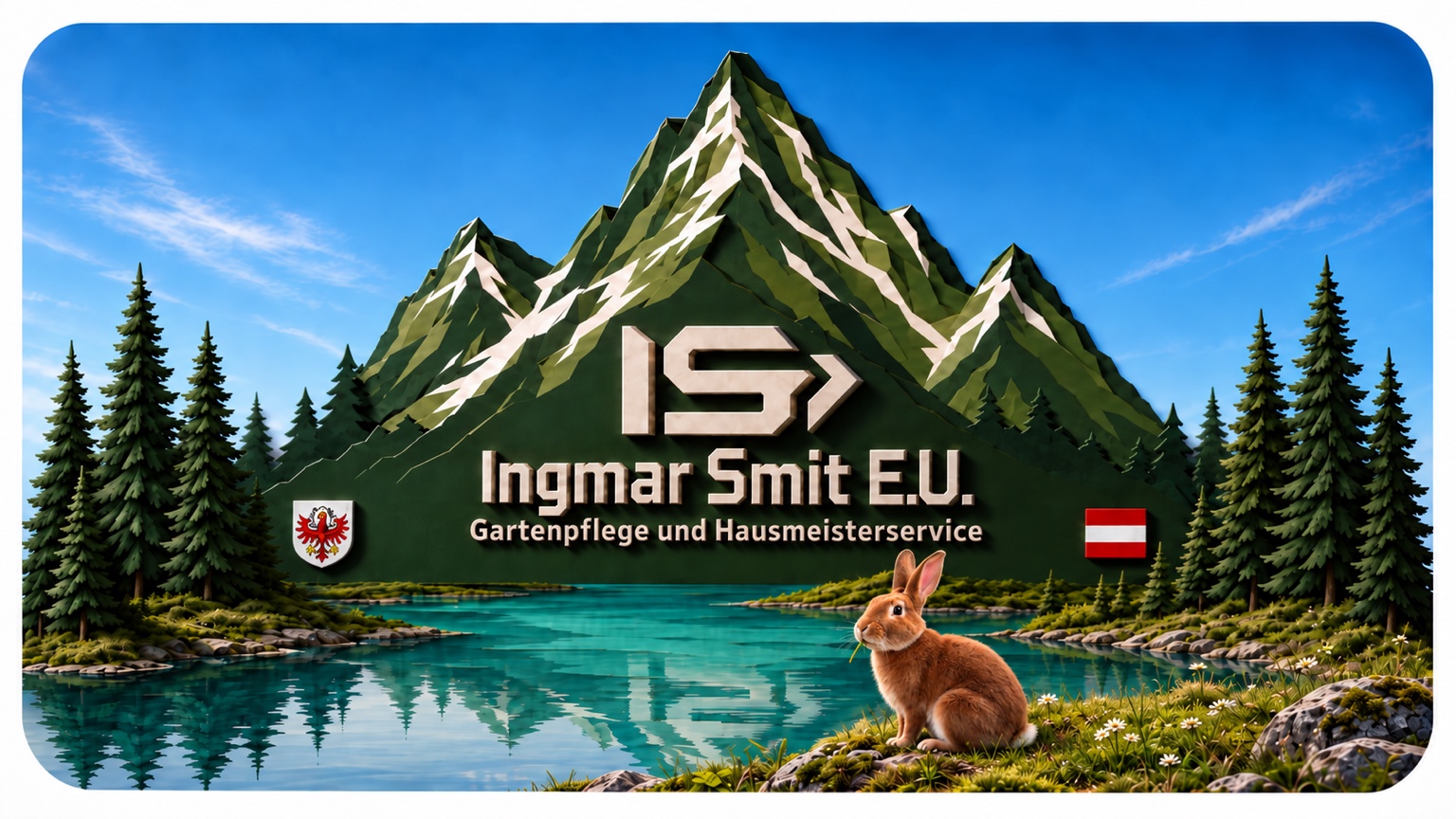 Ingmar Smit E.U. – Firmenlogo mit Bergen, Wald, See und Hase. Gartenpflege und Hausmeisterservice.
